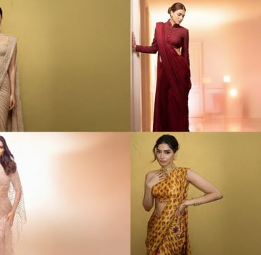 High-fashion pre-draped saree paired with a structured corset blouse, showcasing the Modern Indian S