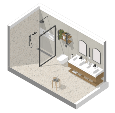 Modelagem 3D de banheiro para projeto de interiores desenvolvida no SketchUp.