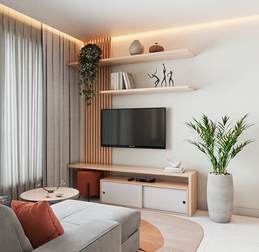 Projeto de interiores para sala contemporânea com design funcional e acolhedor.