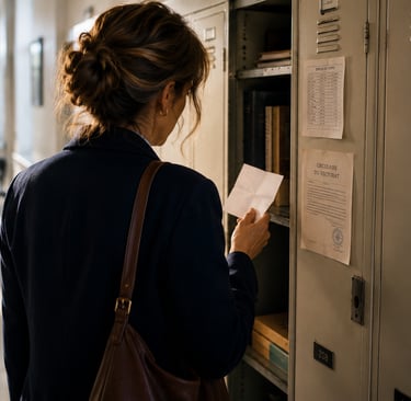 Elle trouva la feuille pliée en deux dans son casier.
