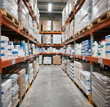 A bright, clean warehouse filled with neatly organized medical supplies ready for delivery.