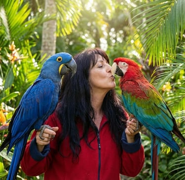 A woman kisses a colorful macaw while holding a blue hyacinth macaw in a lush tropical garden.