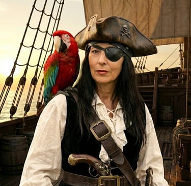 Female pirate with an eye patch and tricorn hat posing with a red parrot on a wooden ship deck.