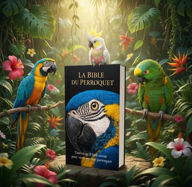 A French parrot training book surrounded by a macaw, cockatiel, and parakeet in a tropical jungle.