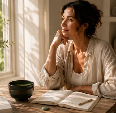 Woman holding an intention stone while reflecting during a calm and mindful morning ritual.