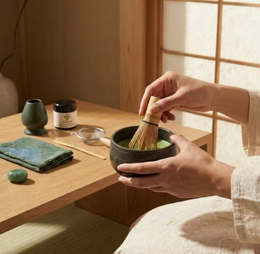 Green Strawberry Quartz intention stone beside freshly prepared matcha during a mindful morning ritu