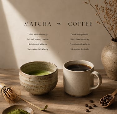 comparison between a bowl of matcha and a cup  of coffee soft light