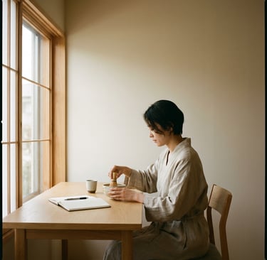 Person preparing matcha in a calm morning ritual with natural light and focused atmosphere.