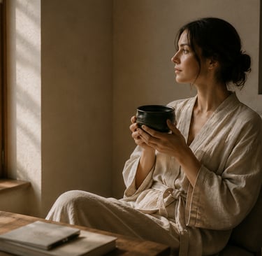 Minimalist morning matcha ritual representing calm energy and intentional wellness for women.