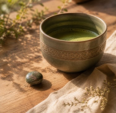 Green Strawberry Quartz beside a matcha bowl during a mindful morning ritual.