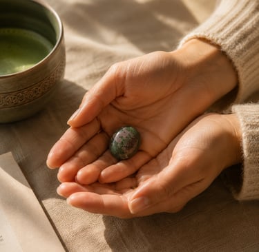 Green Strawberry Quartz used for intention setting during a morning ritual.