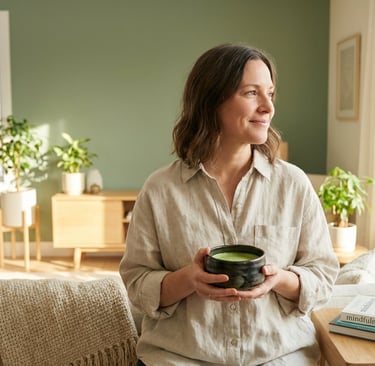 Woman enjoying a mindful matcha ritual to create calm energy and reduce stress in the morning.