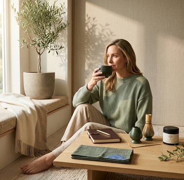 Woman journaling beside a bowl of matcha during an intentional morning ritual focused on mindfulness