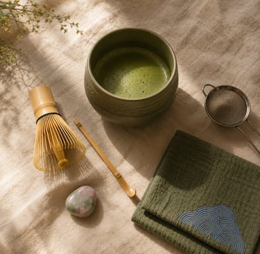 Traditional matcha ritual tools including bowl, whisk, scoop, sifter and Green Strawberry Quartz.