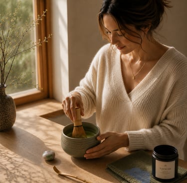 Preparing matcha with a bamboo whisk during a calm and intentional morning ritual.