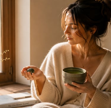 Woman holding a Green Strawberry Quartz stone as part of a mindful morning ritual.