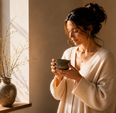 Woman creating a calm and intentional morning ritual at sunrise.