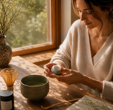 Green Strawberry Quartz used as part of an intentional morning matcha ritual.