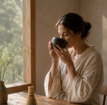 morning matcha ritual by window with ceramic bowl and bamboo whisk