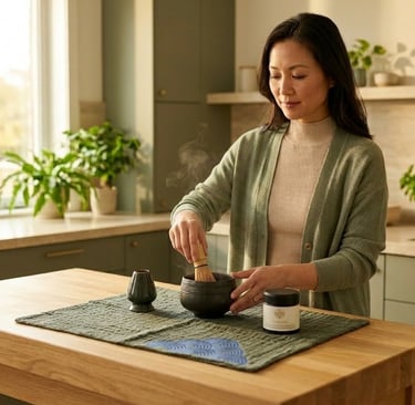 Woman preparing matcha as part of a mindful morning routine focused on calm energy and intentional l