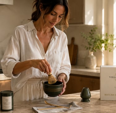 woman in kitchen preparing matcha verdant heritage dawn ritual