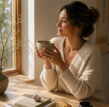 Woman enjoying a mindful morning matcha ritual beside a sunlit window.