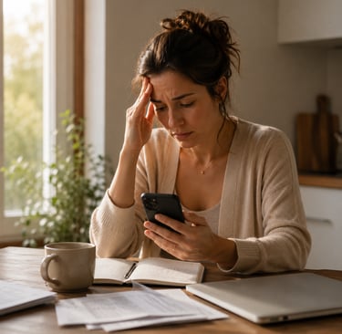Woman feeling overwhelmed by notifications during a rushed morning.