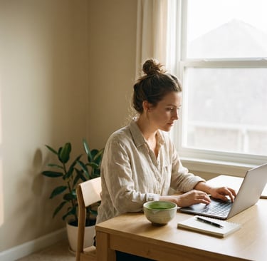 Professional woman working with a matcha bowl beside her desk, representing focus, productivity, and