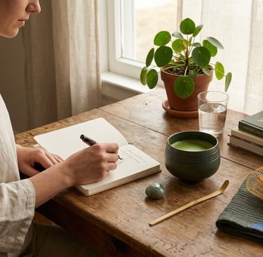 Woman journaling beside a bowl of matcha and an intention stone during a mindful morning ritual.