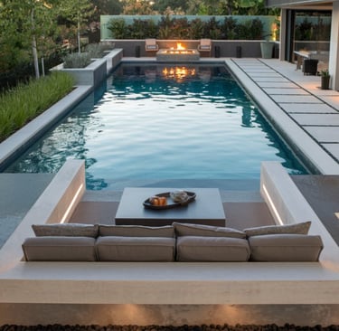 Contemporary geometric pool with calm blue-green water, light concrete coping and pale stone tiling.