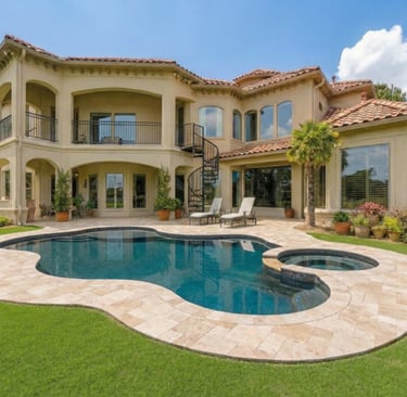 Luxury freeform pool design with curved edges, raised spa, light stone coping and deep blue water