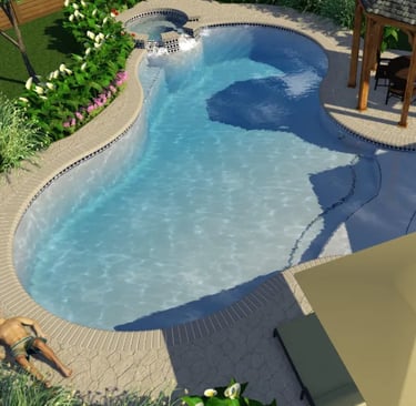 Freeform resort-style pool with pale blue water, light interior finish and tan curved coping tiles