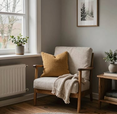 A serene Japandi-style living room with natural linen curtains, cream walls, and black accents.
