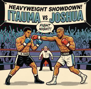 Comic poster of Moses Itauma fighting Anthony Joshua in a heavyweight showdown, teasing the next boxing king.