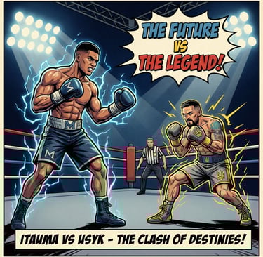 Comic poster of Moses Itauma facing Oleksandr Usyk, hyping the future heavyweight king versus the boxing legend.