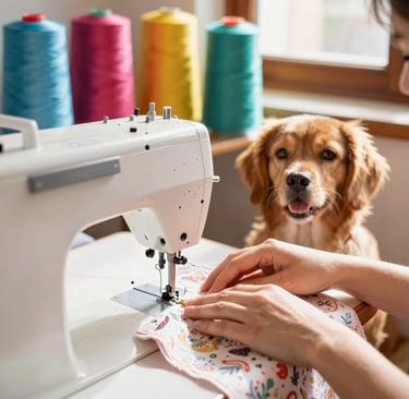 Golden retriever observa a una costurera usar una máquina de coser con carretes de hilo de colores.