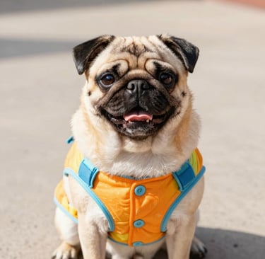 Perro pug con chaleco amarillo y botones azules.