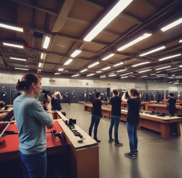 students shooting pistols at an indoor range