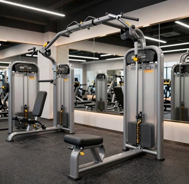 A sleek black and wood-themed gym space with personal training equipment reflecting high-end fitness.