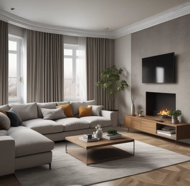 An image of the lounge of an apartment with a sofa, TV and windows