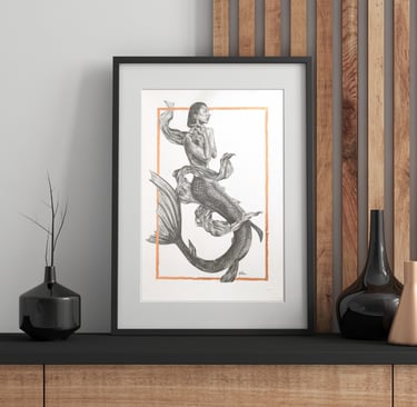 mise en scène d'une illustration originale A3 d'une sirène réalisé aux crayons graphite