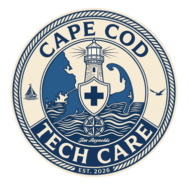 Cape Cod Tech Care logo featuring a lighthouse, medical cross shield, and coastal map imagery.
