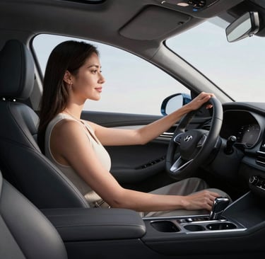 A happy driver unlocking an economy car with a smartphone app.