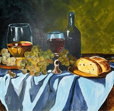 Original painting depicting grapes, bread, and a bottle arranged on a tabletop.