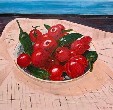 Original painting depicting an arrangement of tomatoes and peppers in a still life composition.