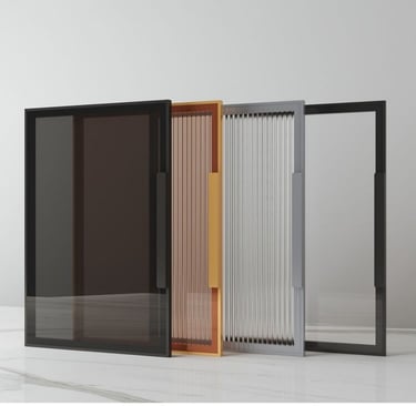 Modern glass room dividers in multiple styles: black frame, amber-tinted, ribbed glass, and clear glass options for interior