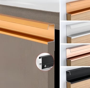 Metal wall to floor transition trim - decorative and functional edging strip available in copper, silver, rose gold, black fi