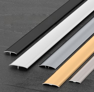 Assorted color floor transition strips - black, white, silver, gold, beige molding trim for flooring edges and gaps