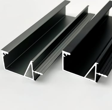 Black coated aluminum extrusion profiles with angular and structural design, commonly used for framing, construction, or indu