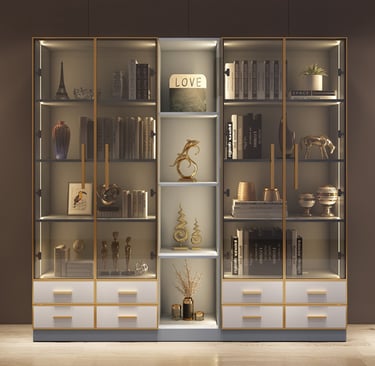 Modern glass display cabinet with gold trim and LED lighting – storage cabinet with glass doors, shelves, and drawers 